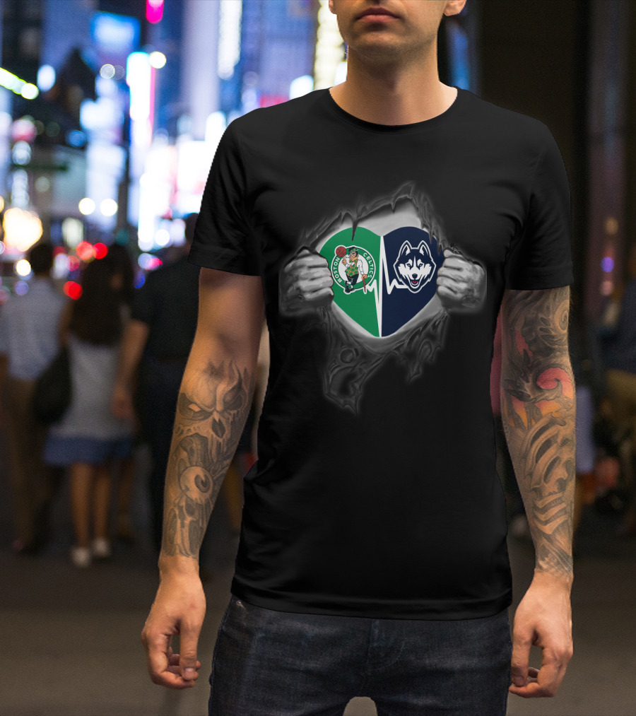Boston Celtics And Uconn Huskies Heart Logo Fusion T-Shirt
