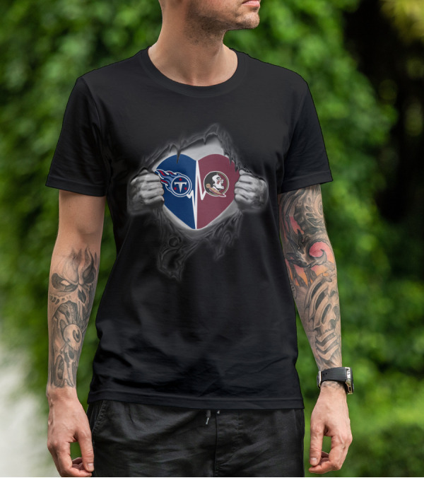 Tennessee Titans And Florida State Seminoles Heart Inside Ripped Chest T-Shirt