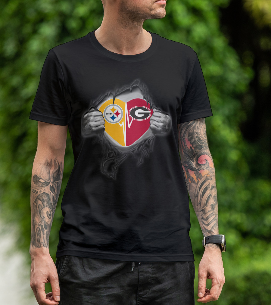 Steelers Georgia Bulldogs Heart Emblem With Torn Background Visuals T-Shirt