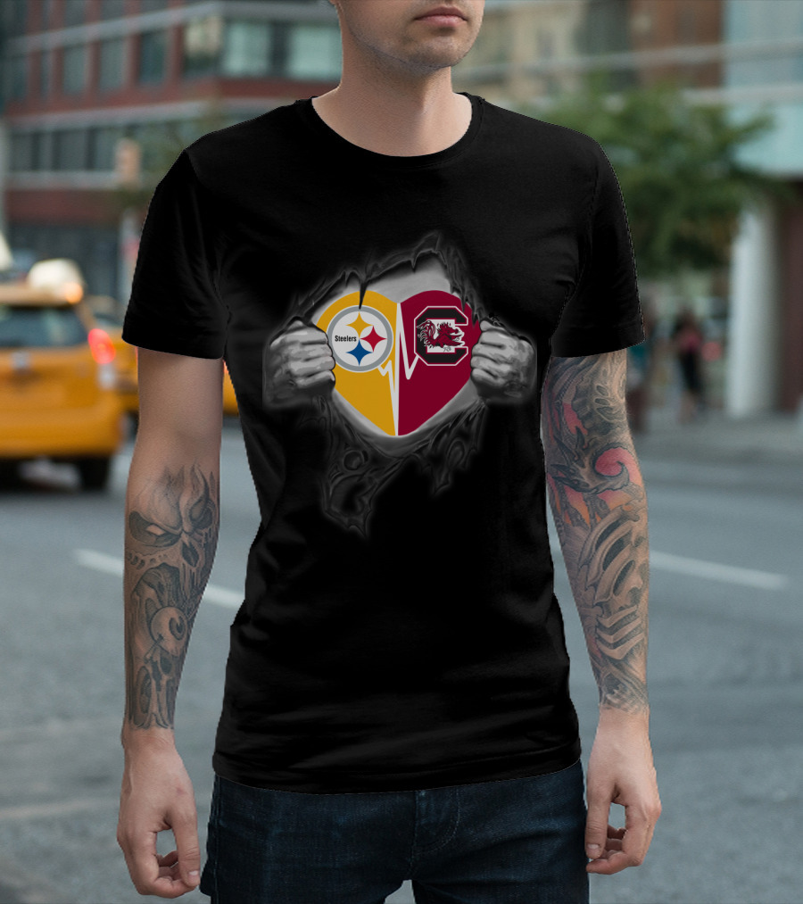 Steelers And South Carolina Gamecocks Heart Design With Ripped Hands Effect T-Shirt