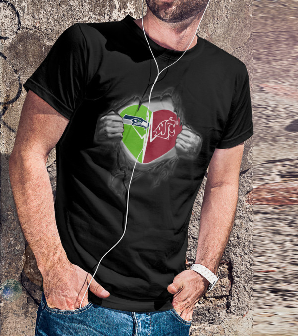 Seahawks Washington State Cougars Heart Logo Torn T-Shirt