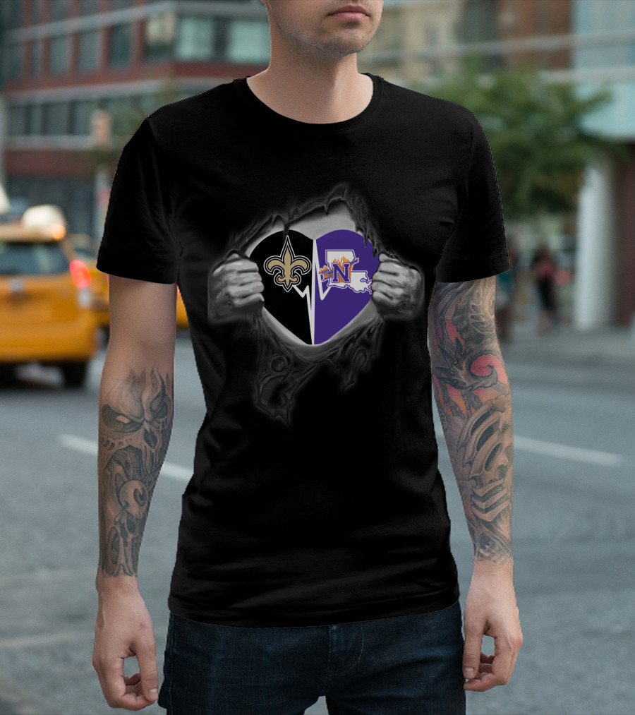 Saints Northwestern State Demons Heart Logo Fusion T-Shirt