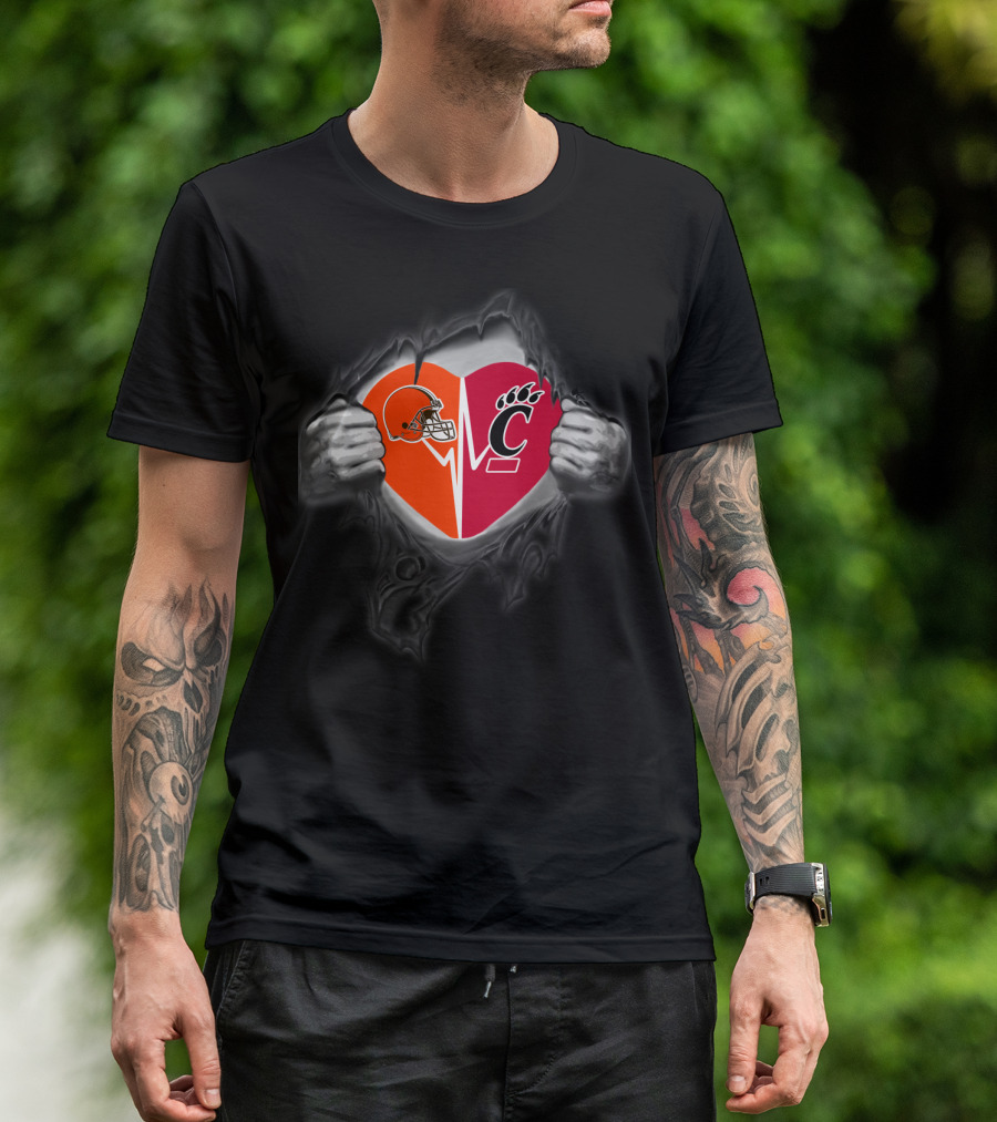 Cleveland Browns Cincinnati Bearcats Heart Football Fan Logo Combination T-Shirt