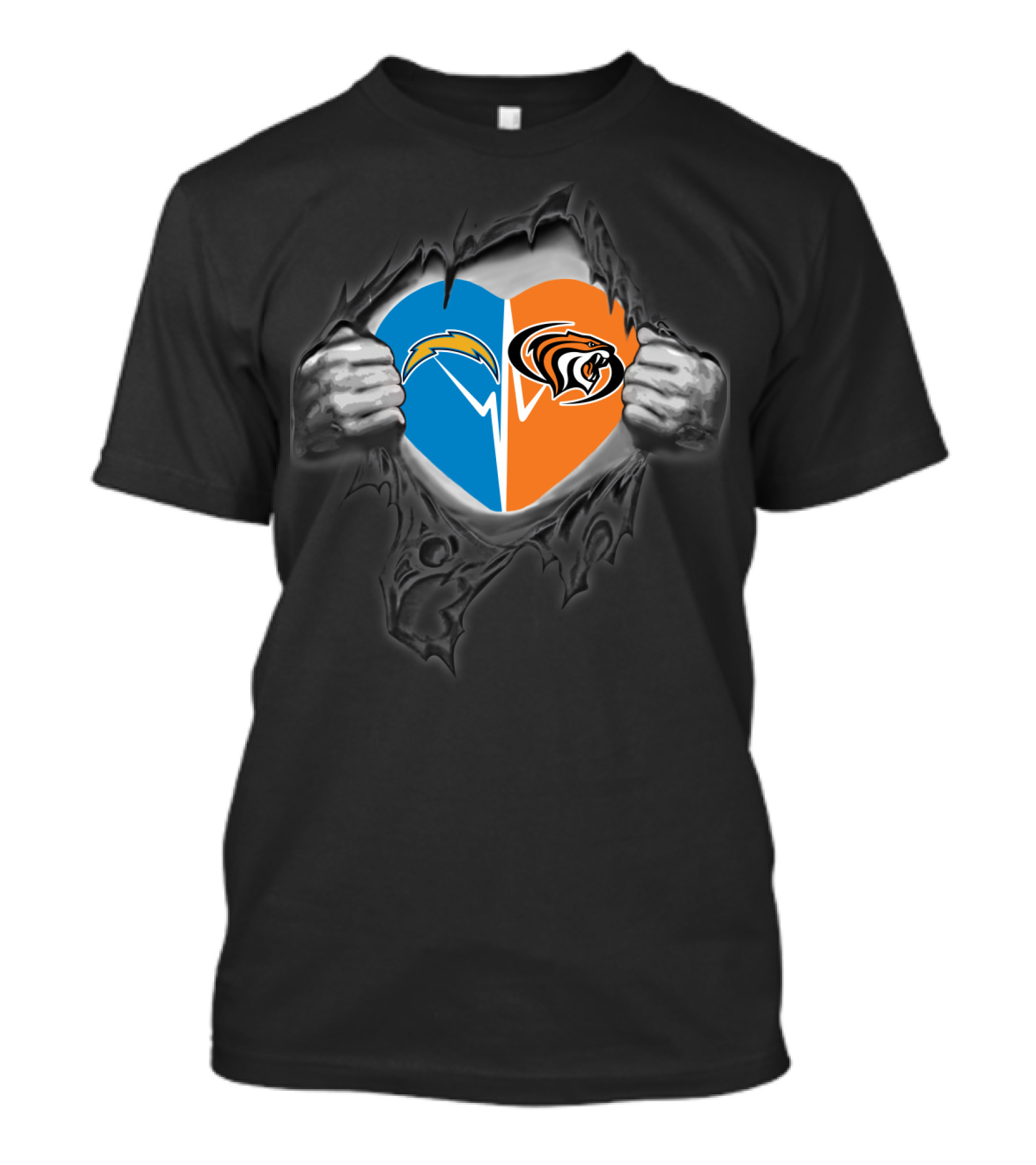 Chargers Pacific Tigers Heart Logos Torn T-Shirt