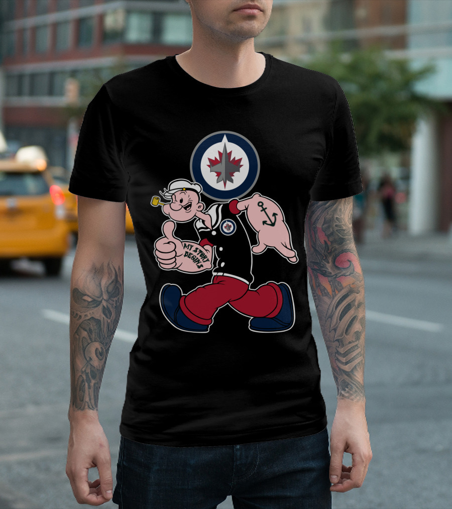 Winnipeg Jets Navy Popeye Walking With Thumbs Up And Anchor Tattoo T-Shirt