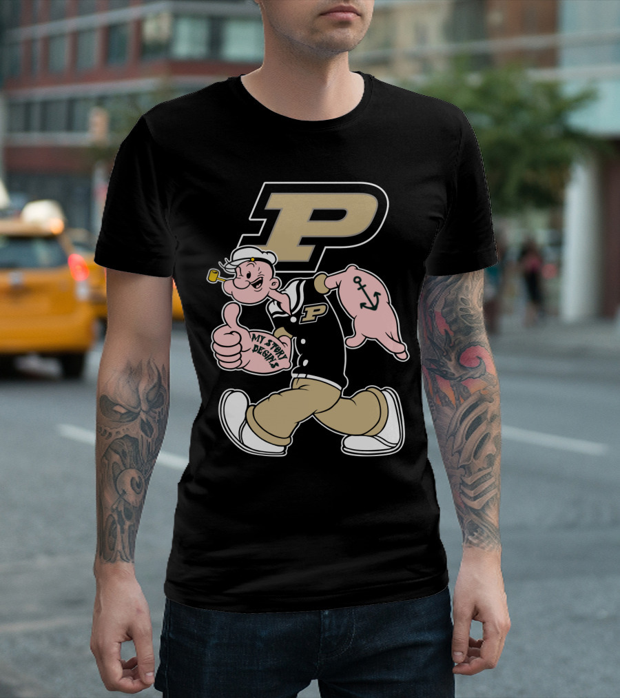 Purdue Boilermakers Sailor Cartoon Mascot With Pipe And Anchor Tattoo T-Shirt