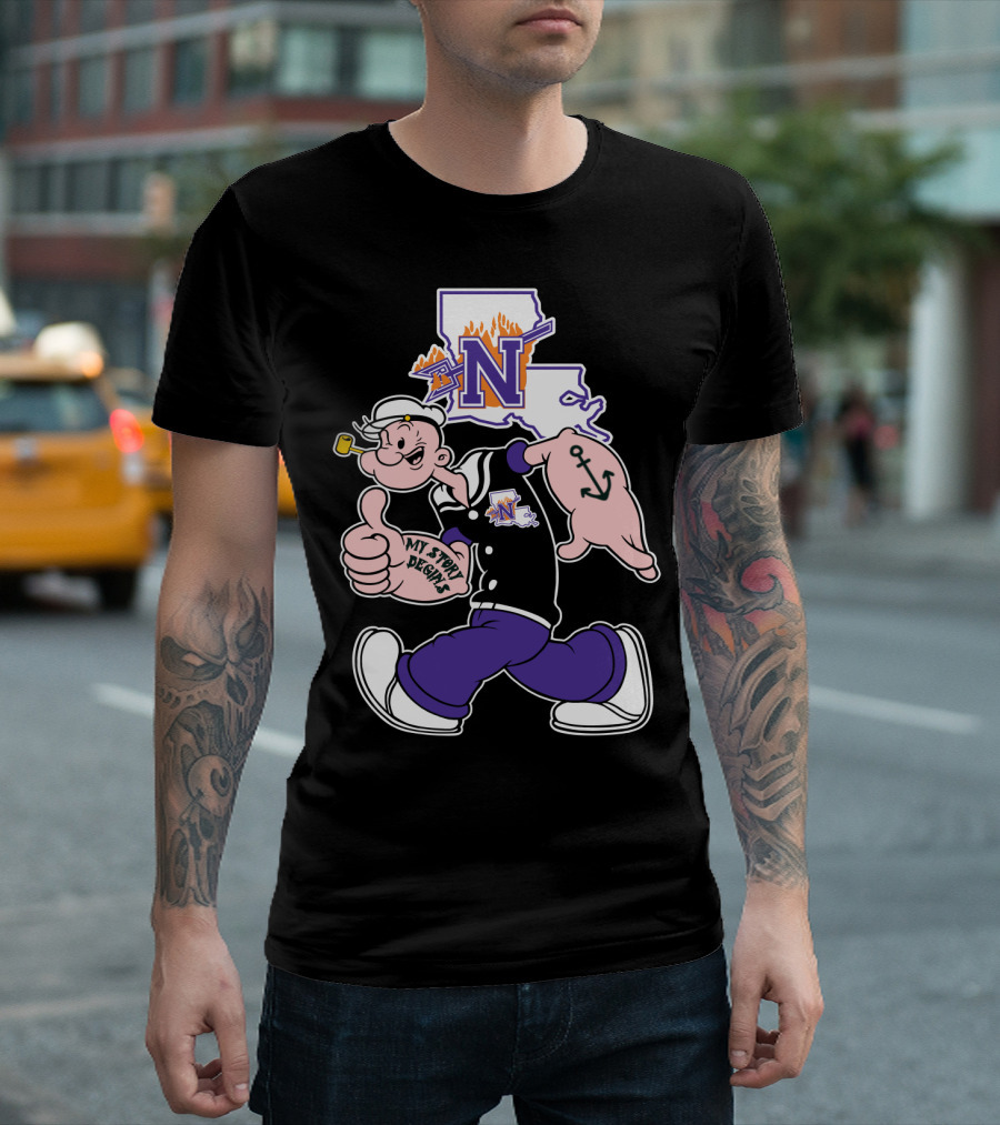 Northwestern State Demons Popeye Graphic With Louisiana State Outline T-Shirt
