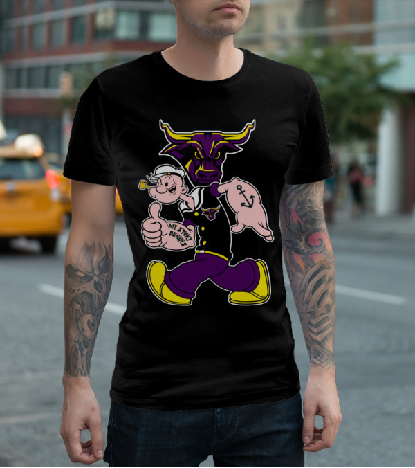 Mavericks My Story Begins Minnesota State 338 Popeye Sailor Tattoo Bull T-Shirt