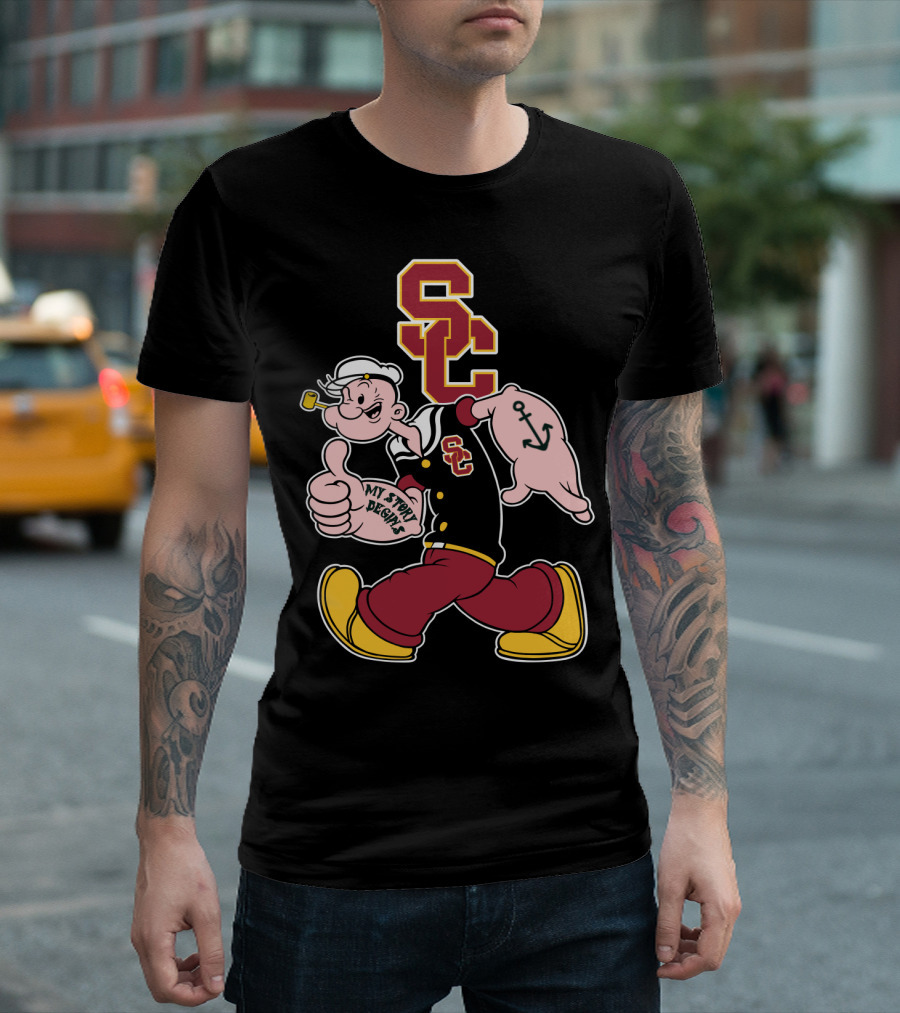 Usc Trojans Sc Logo With Sailor Cartoon And Anchor Tattoo T-Shirt