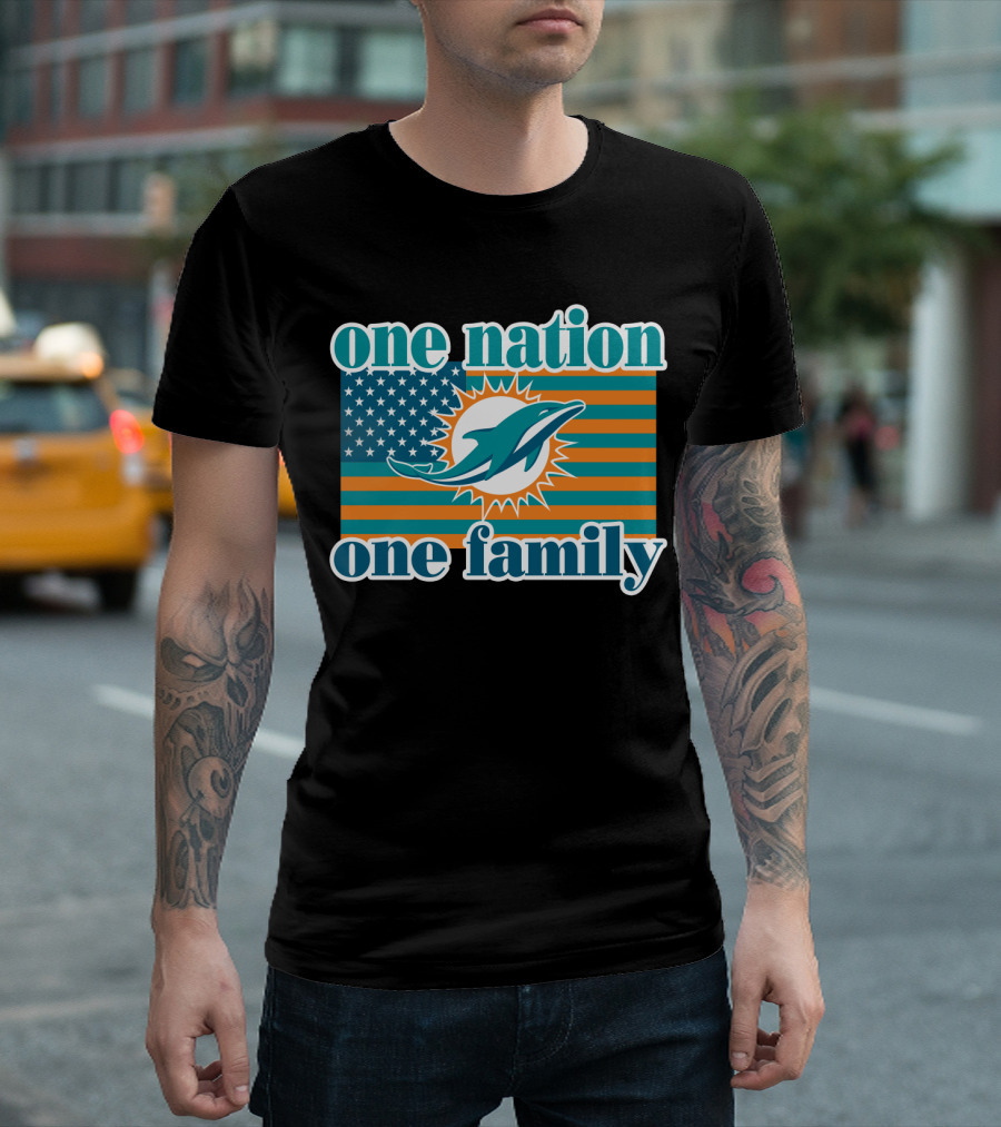 One Nation One Family Miami Dolphins American Flag Logo T-Shirt