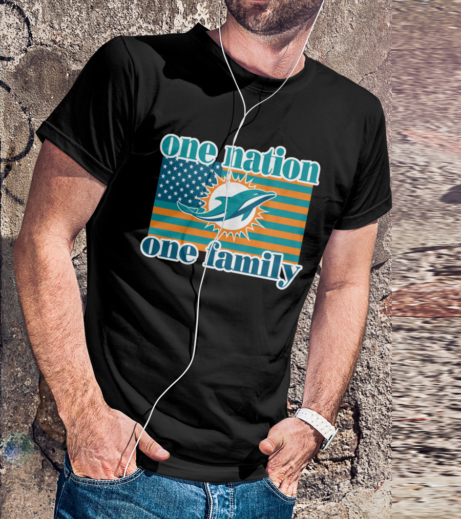 One Nation One Family Miami Dolphins American Flag Logo T-Shirt