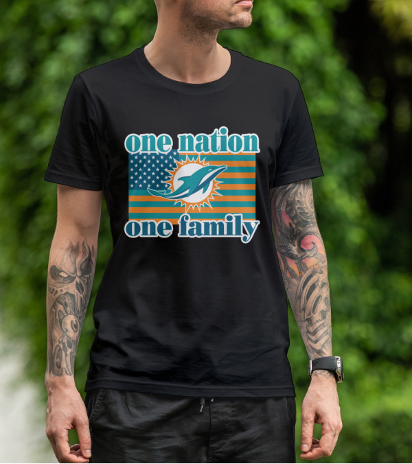 One Nation One Family Miami Dolphins American Flag Logo T-Shirt