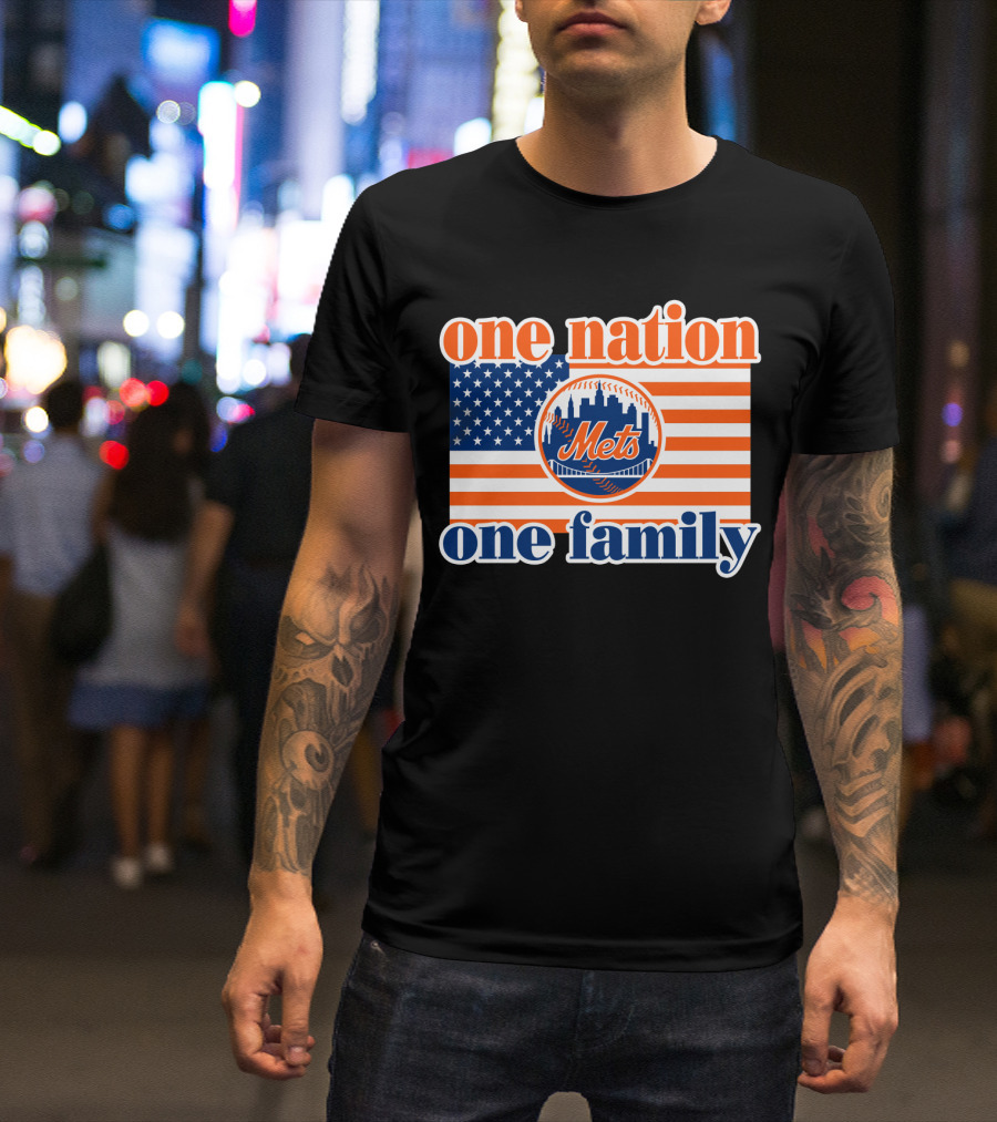 One Nation One Family New York Mets 44 Patriotic American Flag T-Shirt