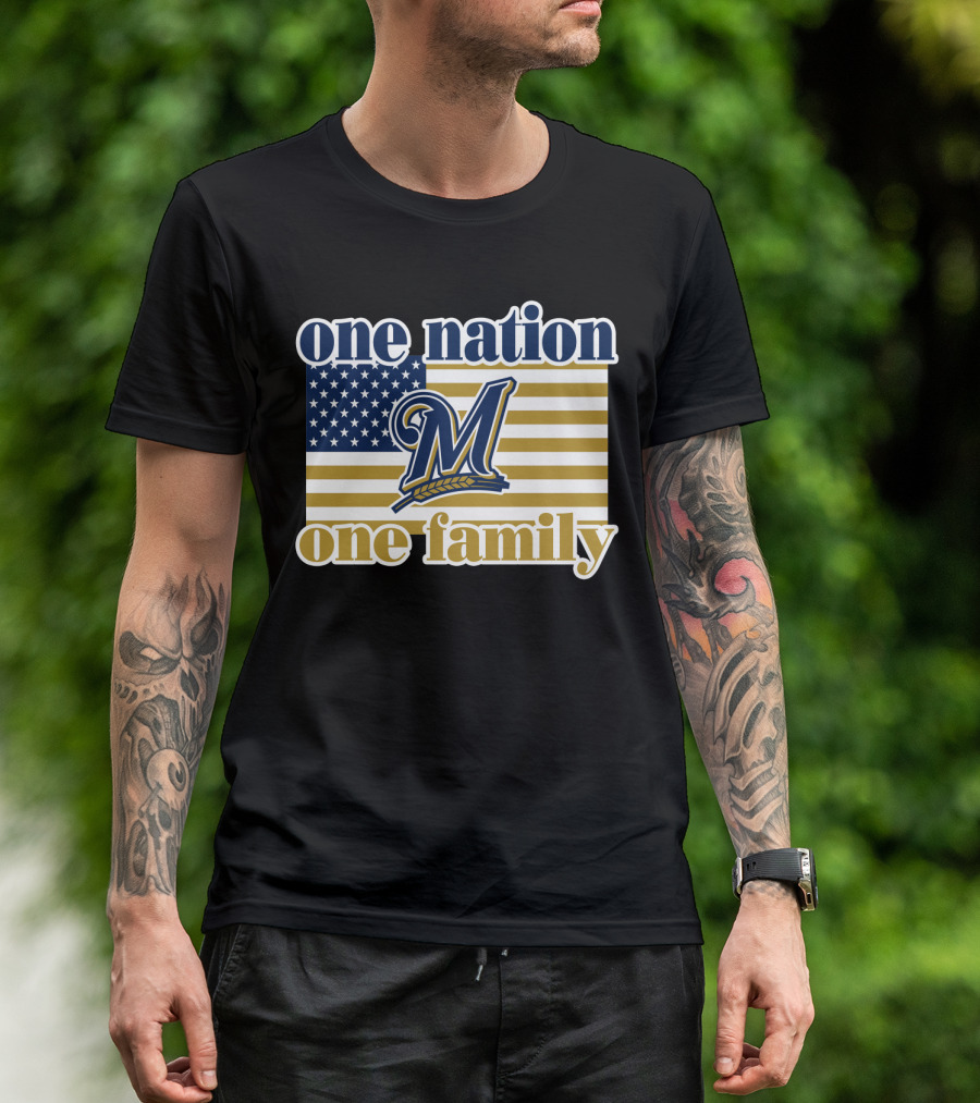 One Nation One Family Milwaukee Brewers 46 American Flag T-Shirt