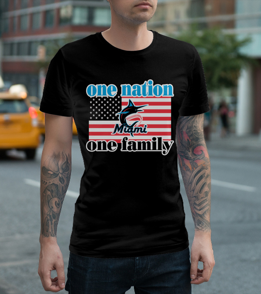 One Nation One Family Miami Marlins American Flag T-Shirt