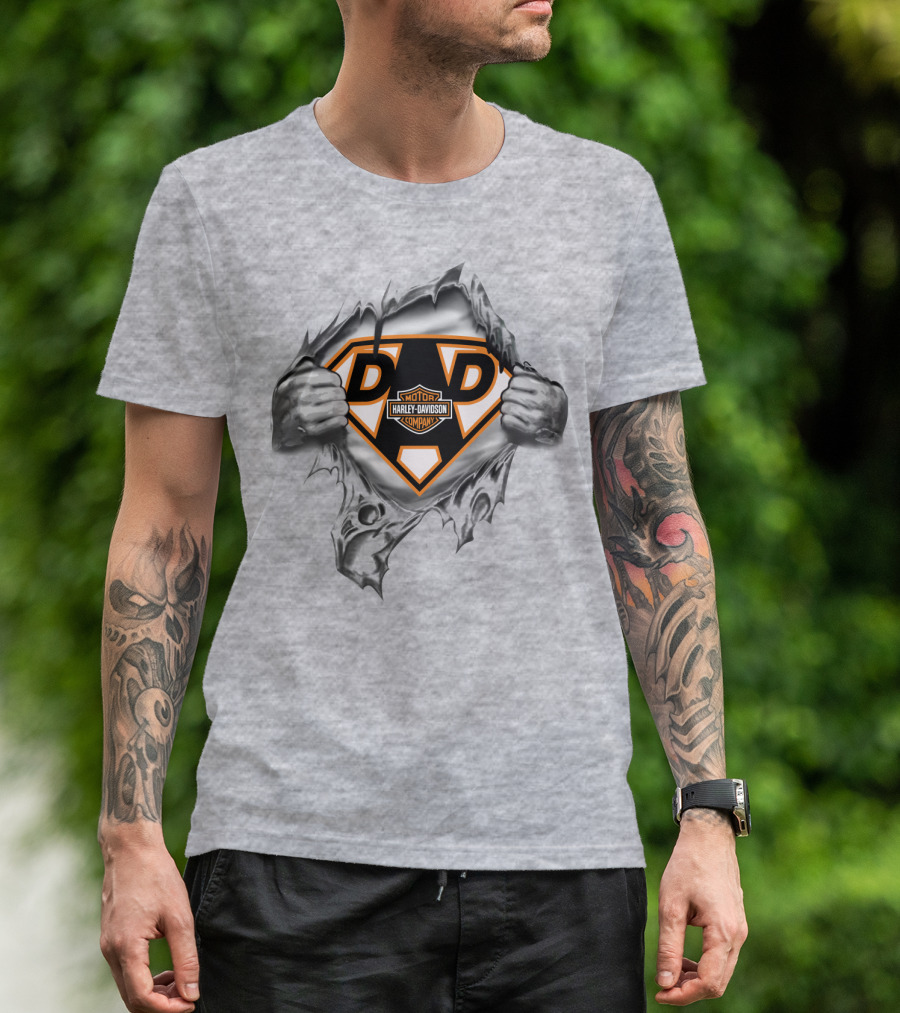 Harley Davidson Dad Superhero Logo Rip T-Shirt