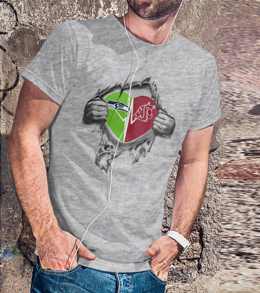 Seahawks Washington State Cougars Heart Logo Design Inside Ripped Shirt With Team Logos T-Shirt