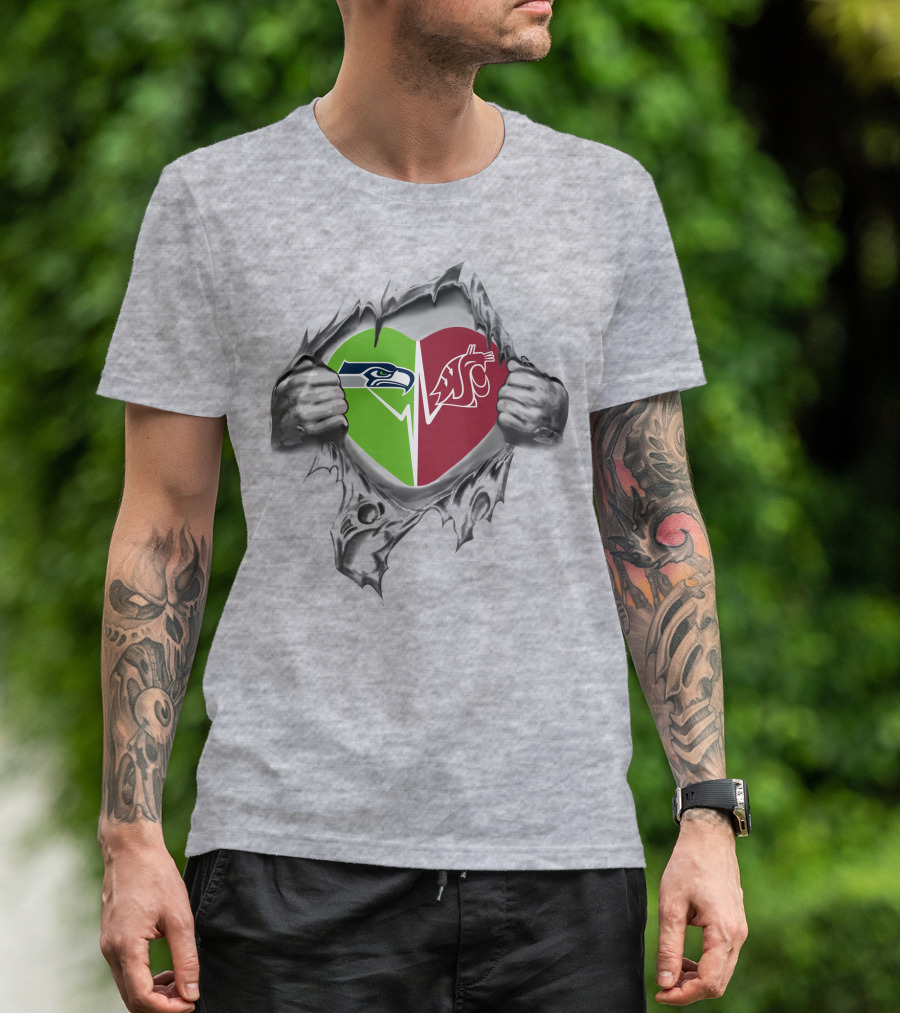 Seahawks Washington State Cougars Heart Logo Design Inside Ripped Shirt With Team Logos T-Shirt