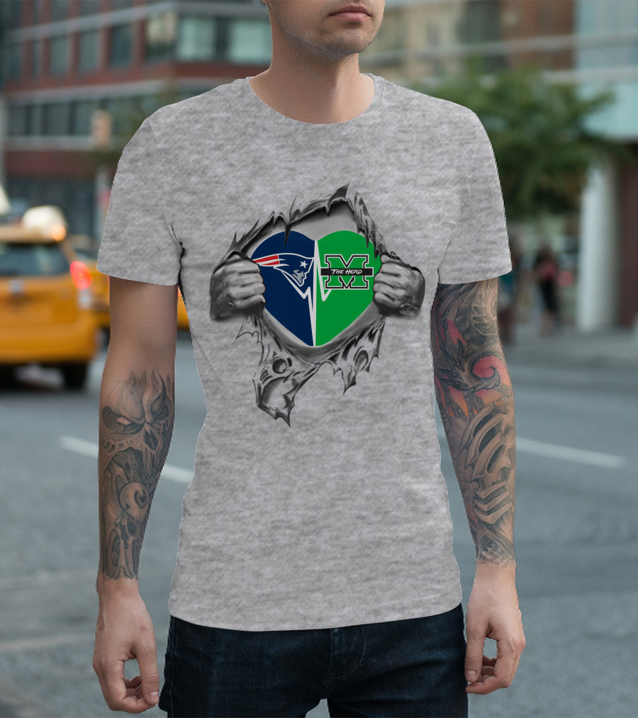 Patriots And Marshall Thundering Herd Heart T-Shirt