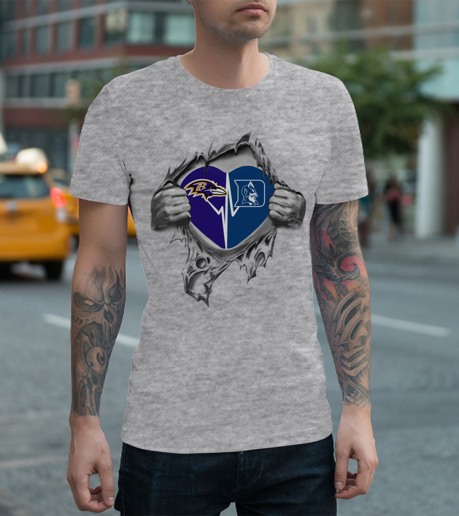 Ravens Duke Heart Logos Inside Ripped Silver Hands T-Shirt