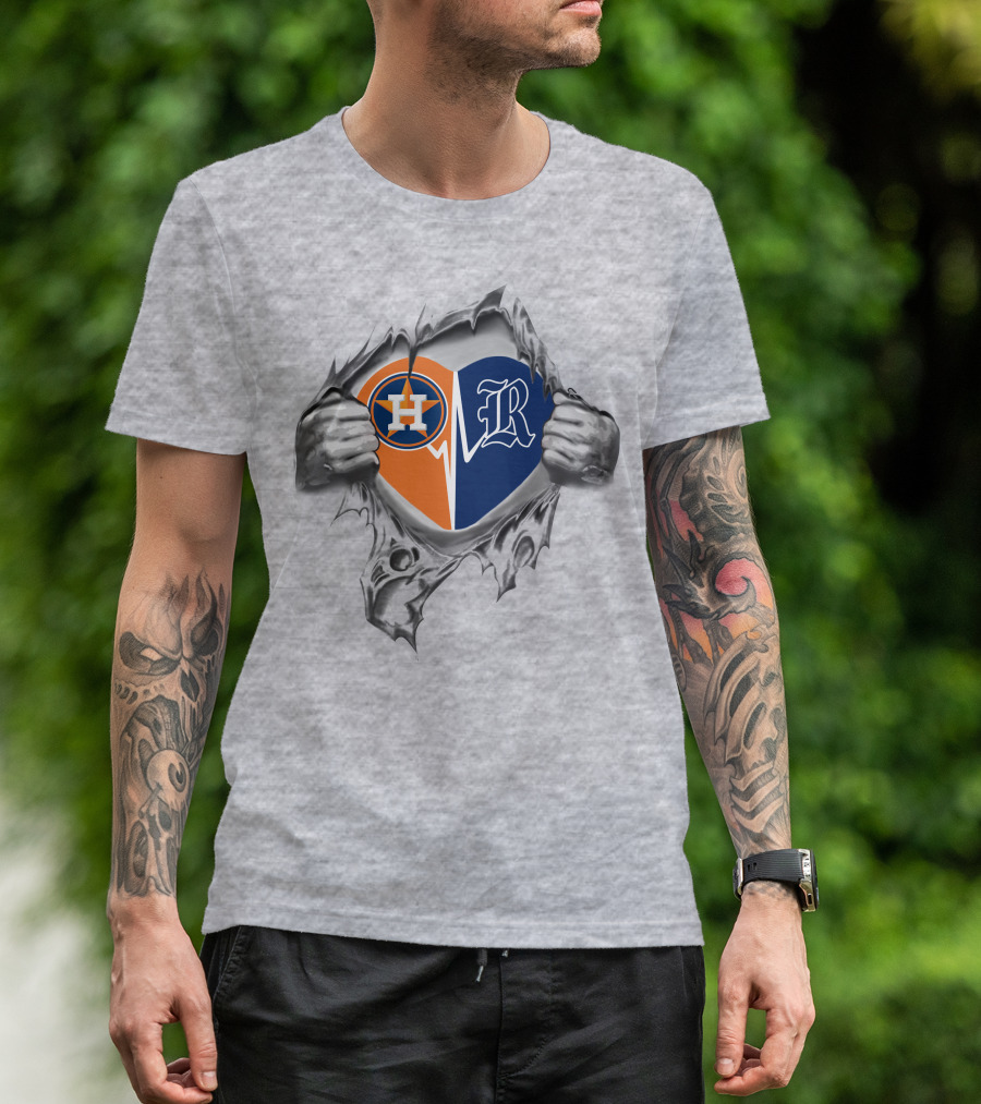 Astros Rice Owls Heartbeat Fusion With Torn Silver Grayscale Hands T-Shirt