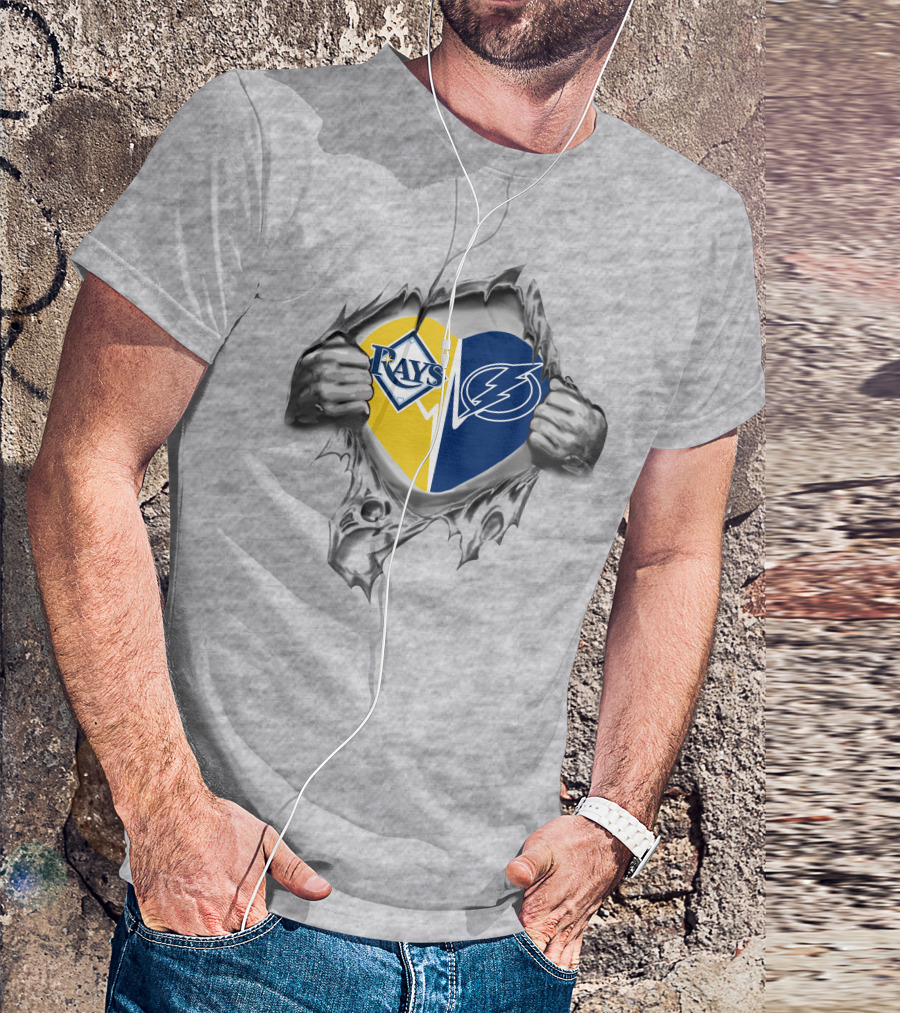Rays Lightning Heart With Torn Background Featuring Team Logos T-Shirt