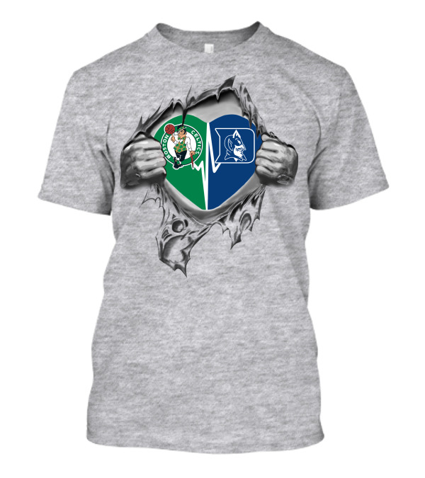 Boston Celtics And Duke Blue Devils Heart Ripped T-Shirt