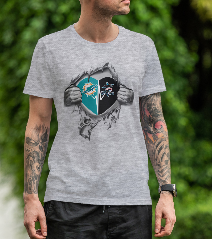 Miami Dolphins Marlins Heart Torn Reveal T-Shirt