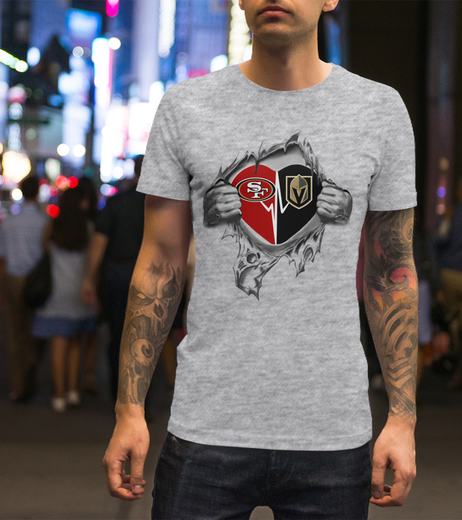 San Francisco 49ers And Vegas Golden Knights Heart Torn Open T-Shirt