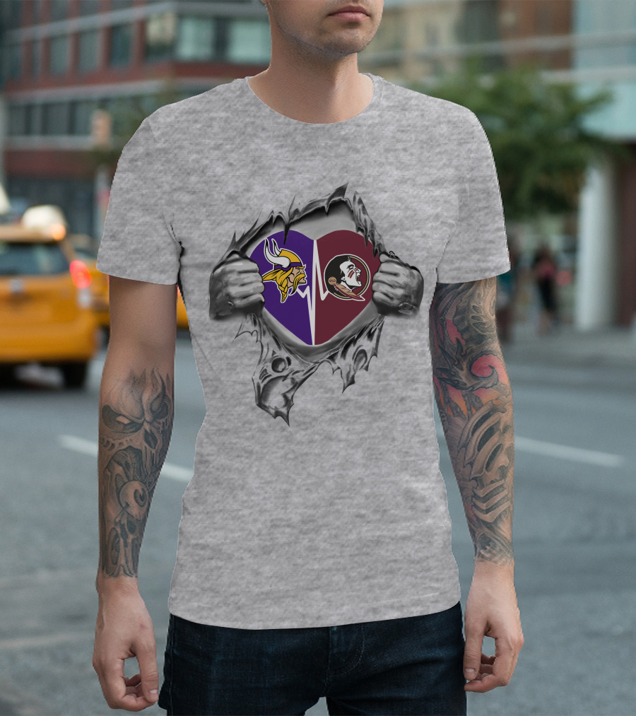 Vikings Fsu Heart Symbol With Logos And Torn Hands T-Shirt