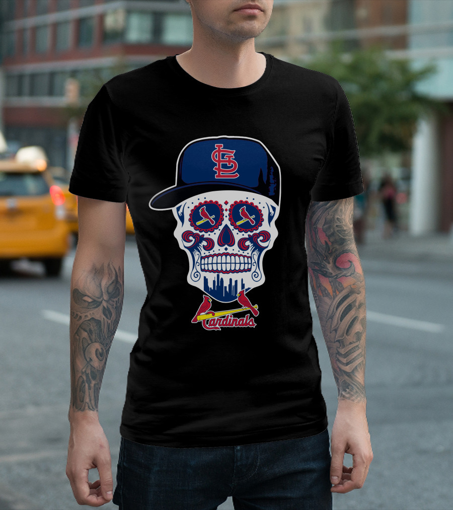 St Louis Cardinals Skull With Baseball Cap And City Skyline T-Shirt
