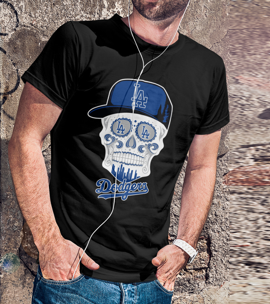 La Dodgers Skull With Cap And Cityscape T-Shirt