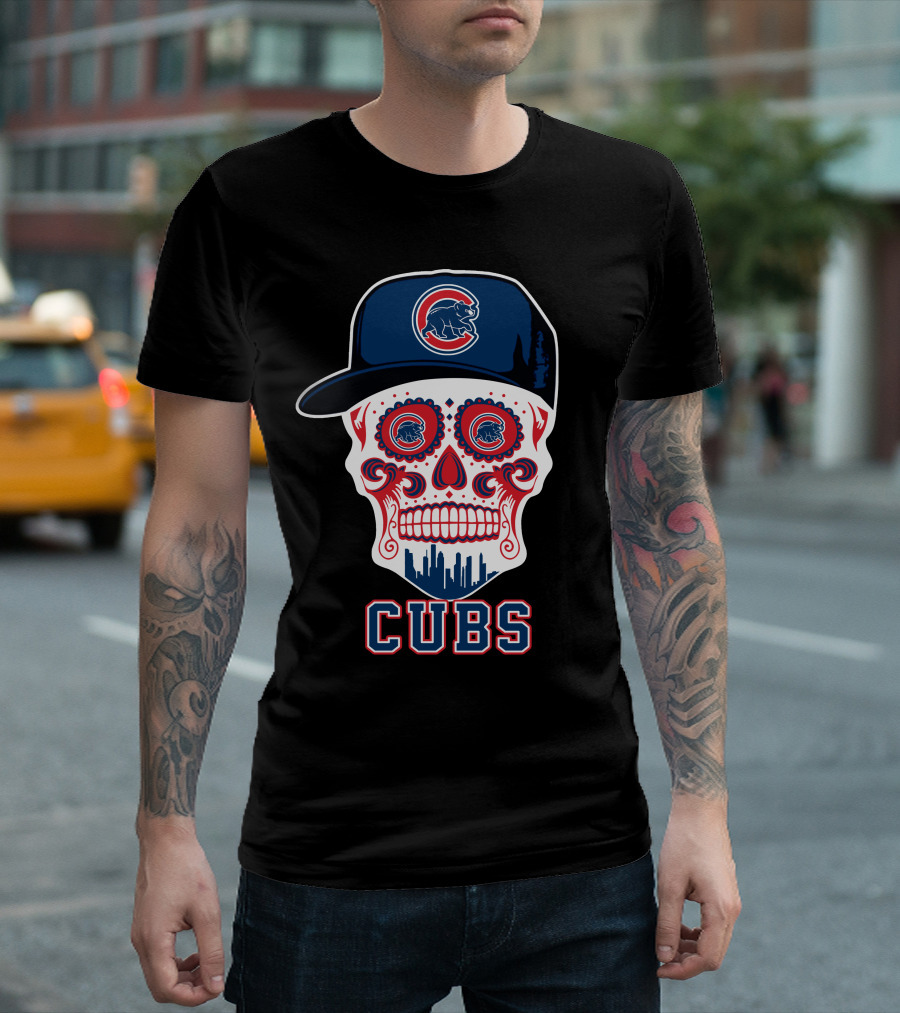 Chicago Cubs Skull Hat Red Blue Skyline T-Shirt