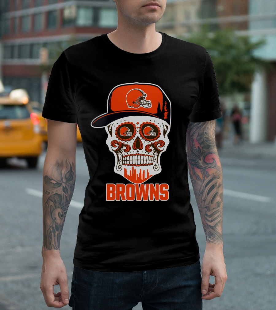Browns Skull With Helmet And City Skyline T-Shirt