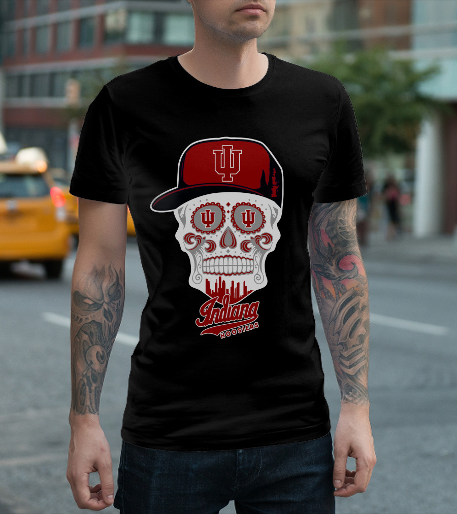Indiana Hoosiers Skull With Hat And Skyline T-Shirt