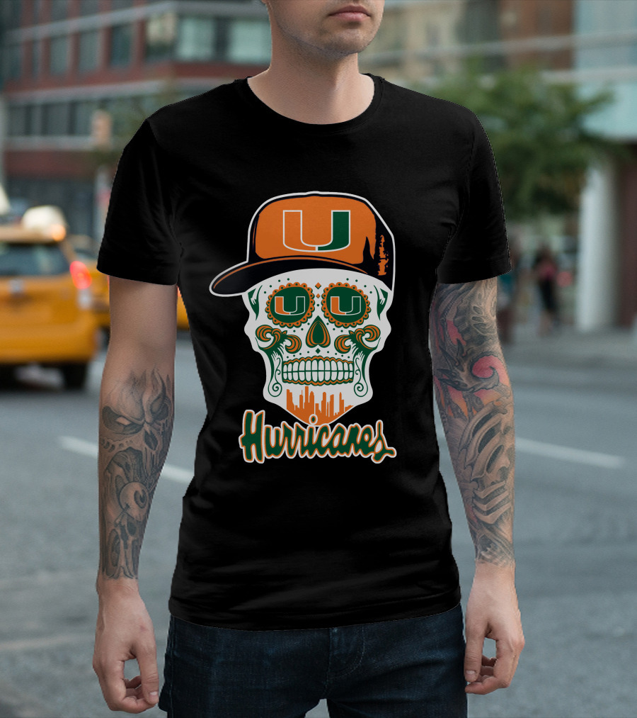 Miami Hurricanes Skull Orange And Green U Cap T-Shirt