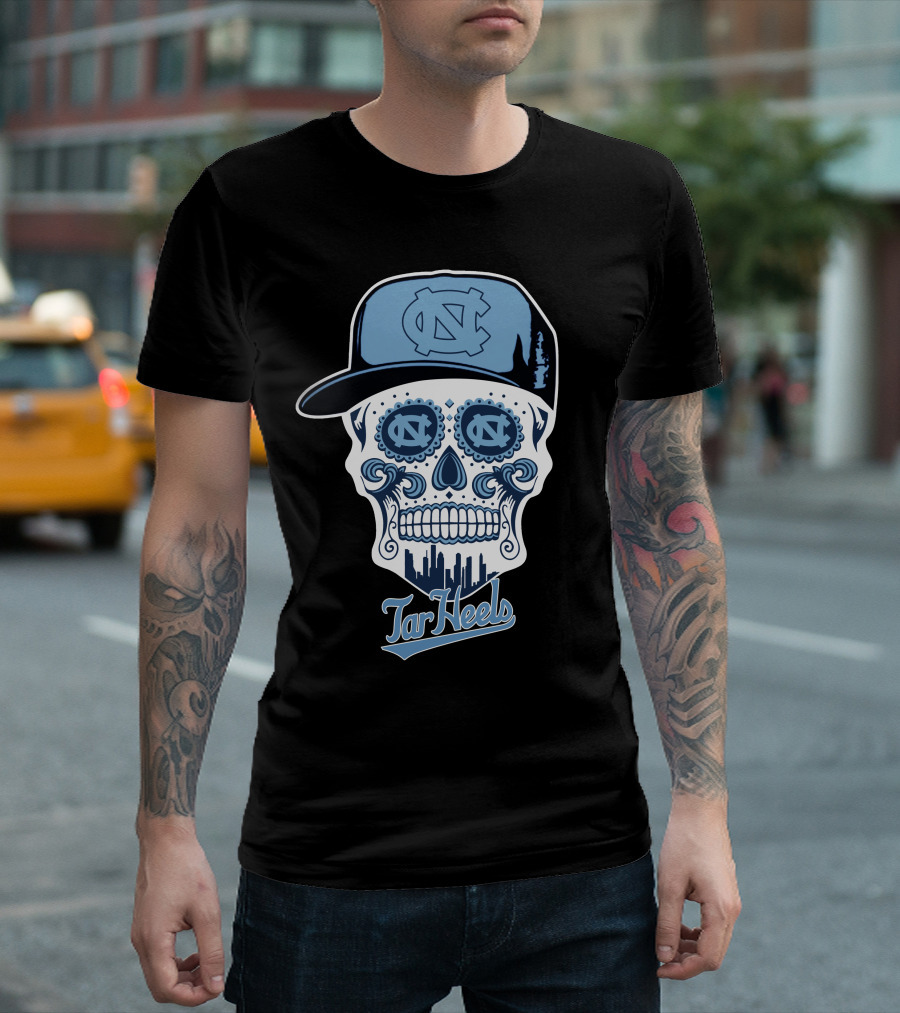 North Carolina Tar Heels Sugar Skull With Hat And Cityscape T-Shirt
