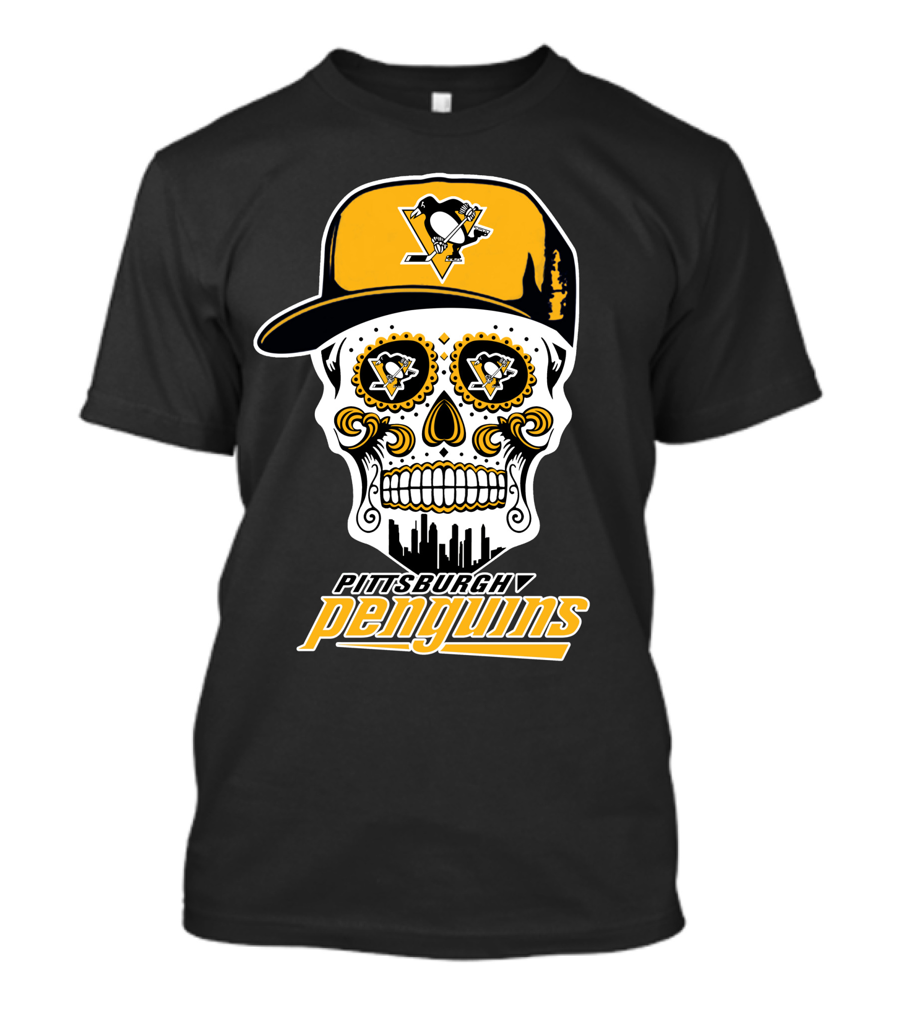 Pittsburgh Penguins Skull Hat Logo Skyline T-Shirt