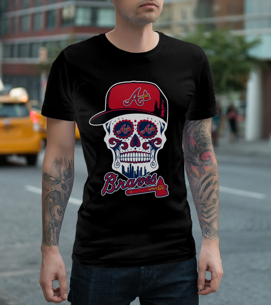 Braves Skull With Red Cap And Tomahawk Elements T-Shirt
