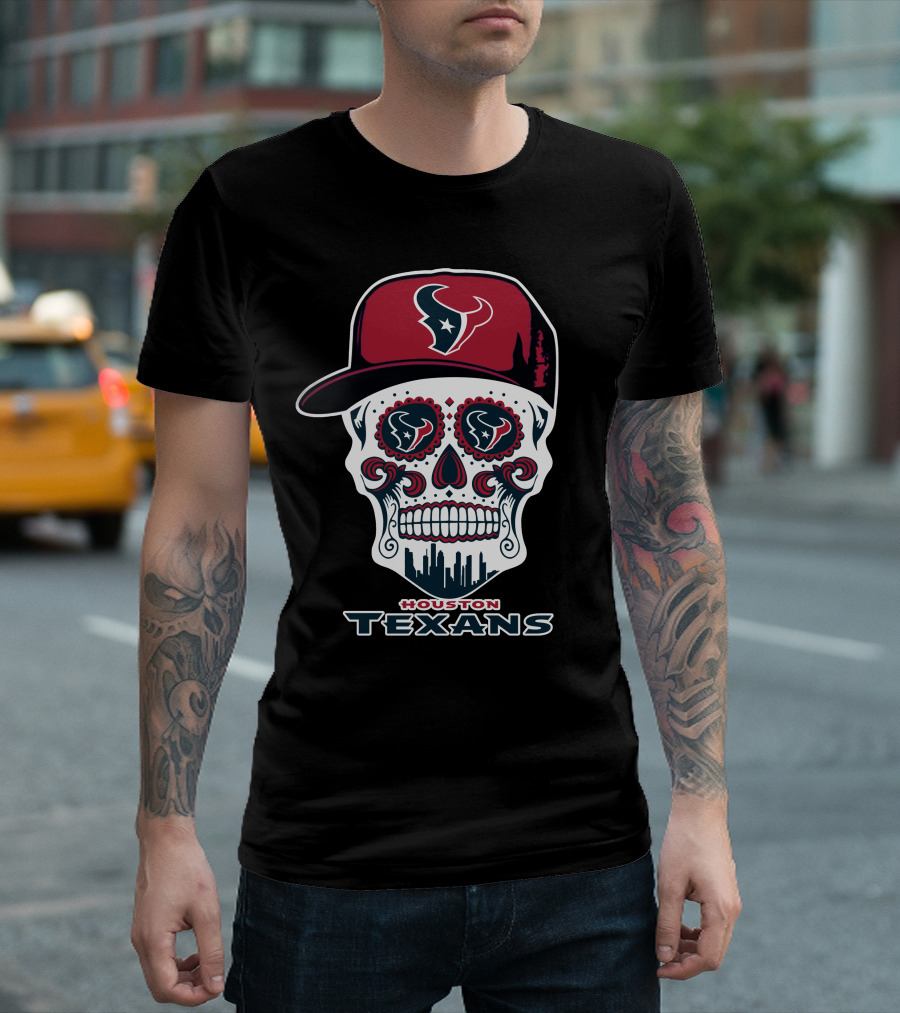 Houston Texans Skull With Cap And City Skyline T-Shirt