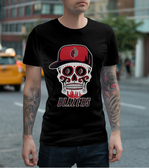Blazers Skull With Hat And Cityscape Elements T-Shirt