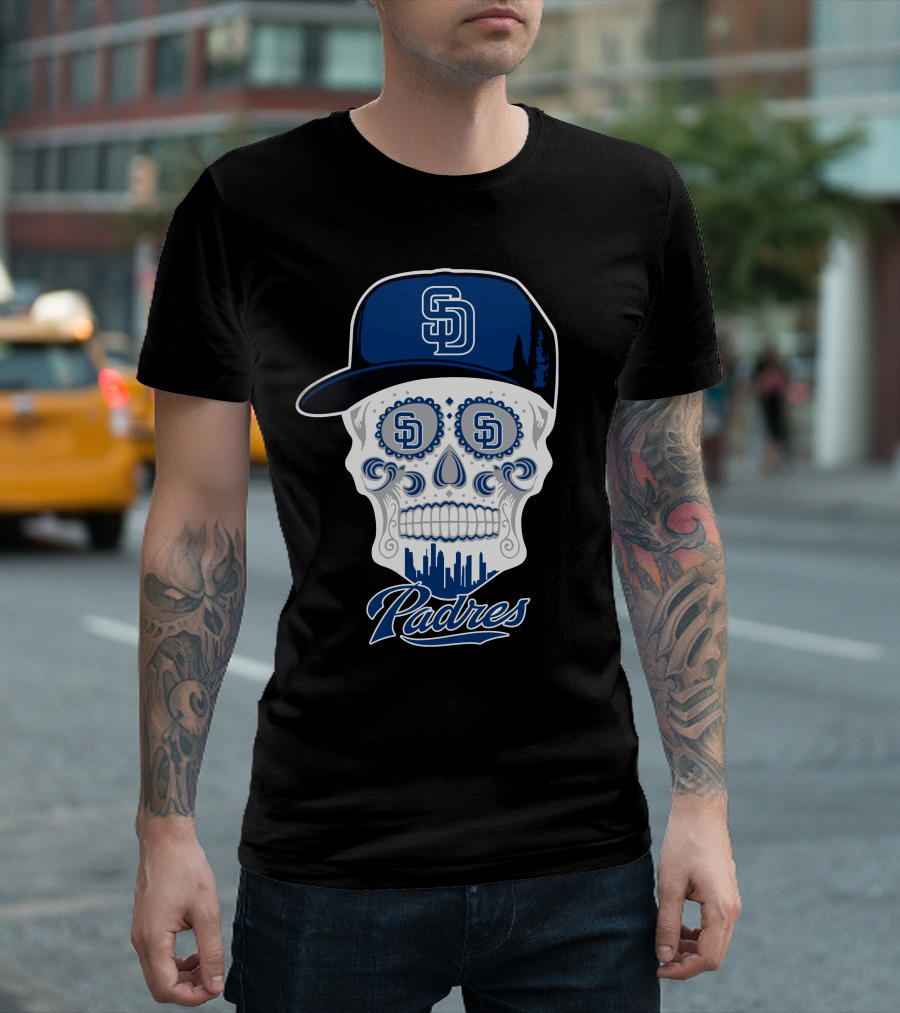San Diego Padres Skull Design With Sd Cap And Cityscape Elements T-Shirt