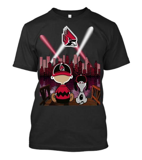 Ball State Cardinals City By Night Skyline Kids And Dog With Spotlight T-Shirt