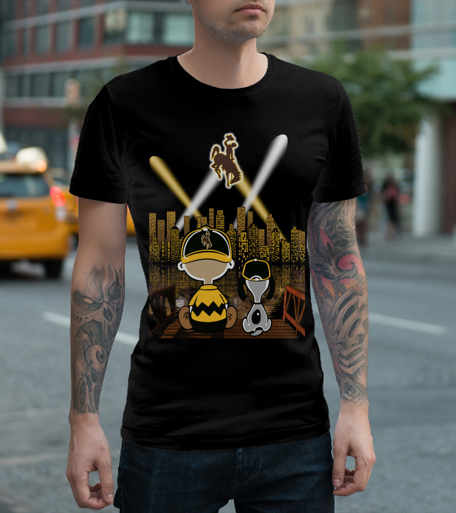 Wyoming Cowboys City At Night With Characters And Skyline T-Shirt