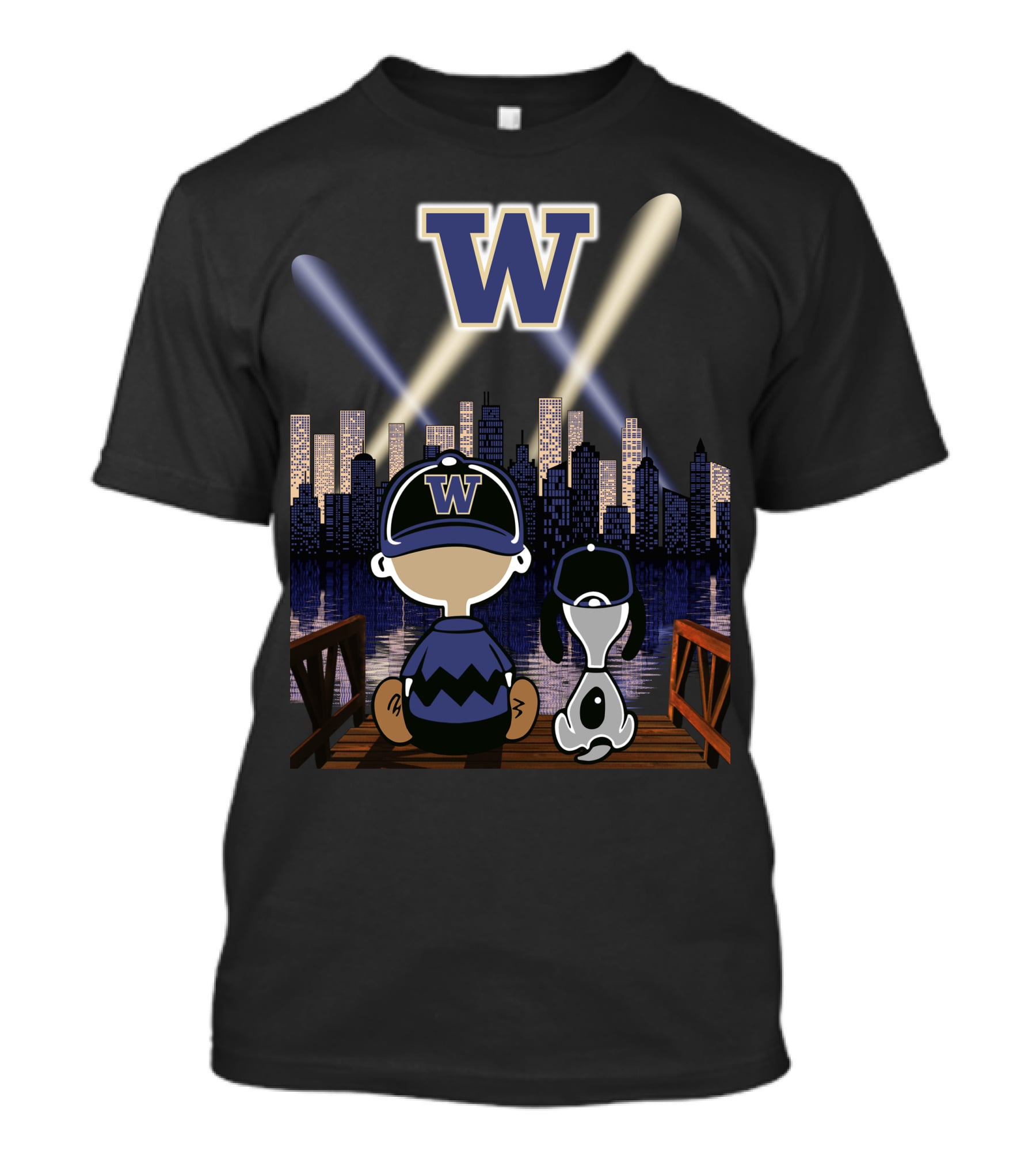 W Washington Huskies City Skyline At Night With Baseball Cap Characters T-Shirt