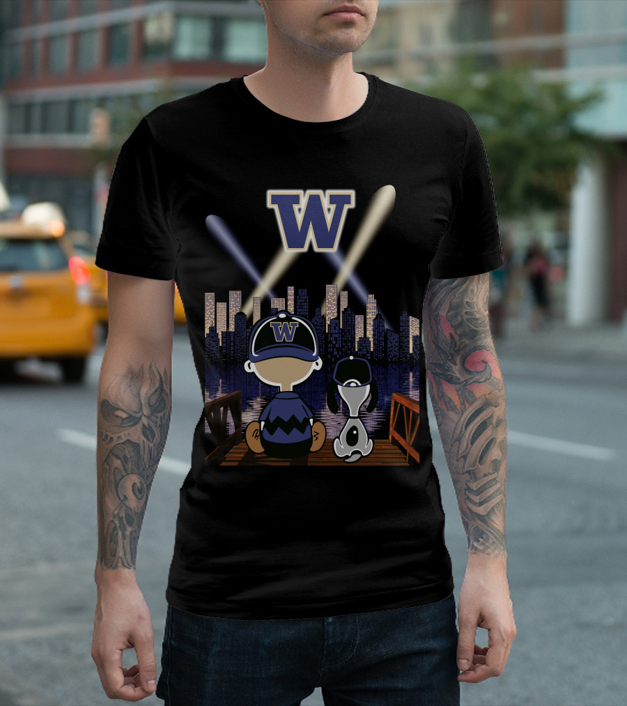 W Washington Huskies City Skyline At Night With Baseball Cap Characters T-Shirt