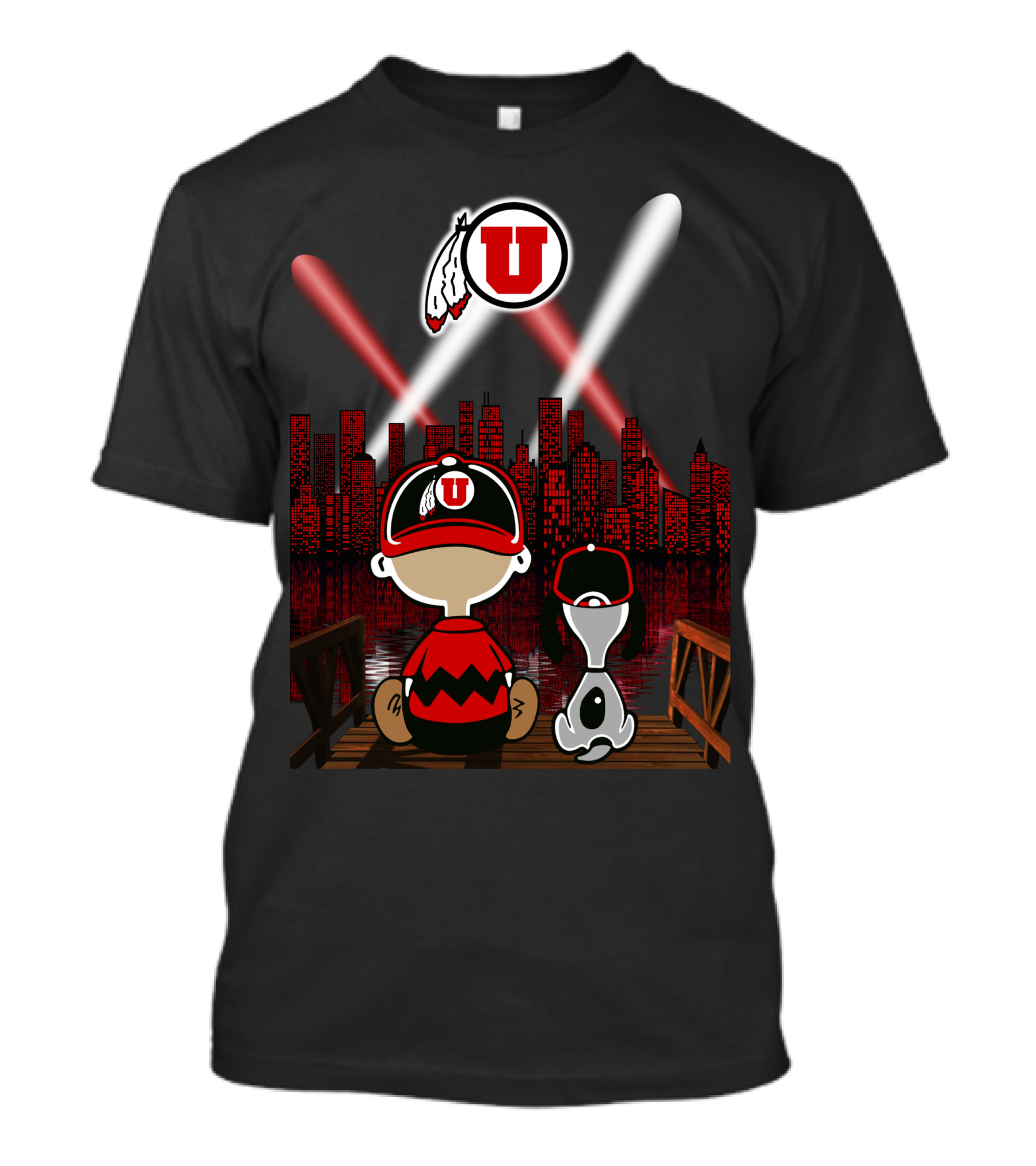 Utah Utes City Skyline Night Scene With Cartoon Characters T-Shirt