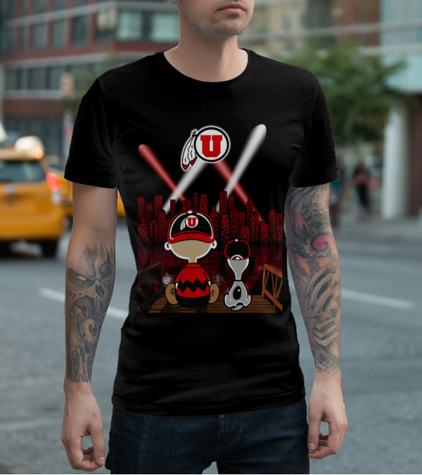 Utah Utes City Skyline Night Scene With Cartoon Characters T-Shirt