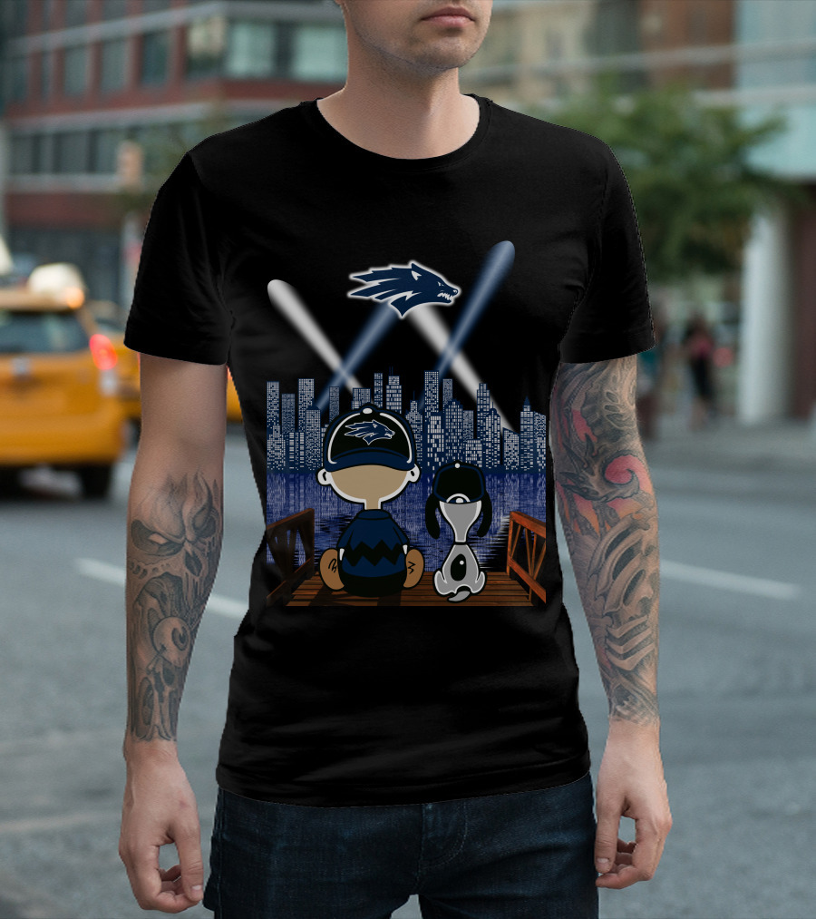 Nevada Wolf Pack Skyline At Night With Mascot And Cartoon Duo T-Shirt