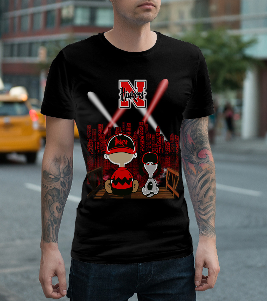 Huskers City By Night With N Logo And Iconic Cartoon Characters On A Bridge T-Shirt